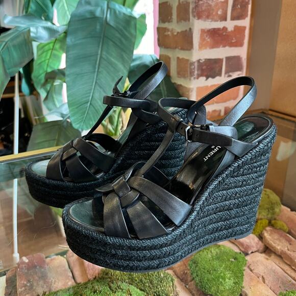 SAINT LAURENT Tribute Black Leather Espadrille Wedges SZ 39 - Picture 3 of 6